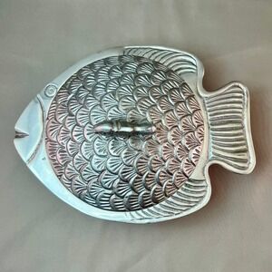 IHI India Cast Aluminum Fish Lidded Dish Silver Nautical Trinket Bowl 9 Inch